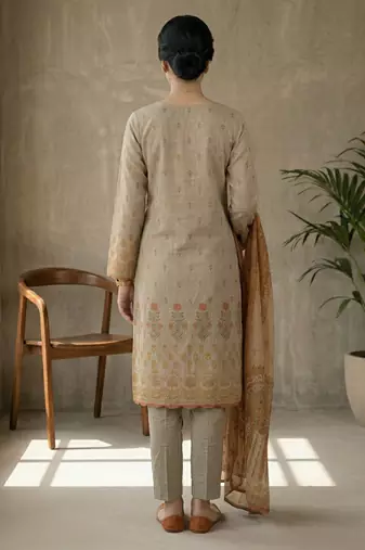 beige digital printed linen shimmer suit material