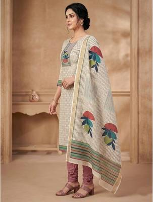 linen shimmer beige digital printed dress material 2
