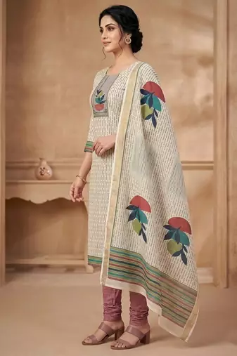 linen shimmer beige digital printed dress material
