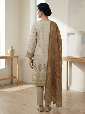 beige digital print linen shimmer suit material for women 3
