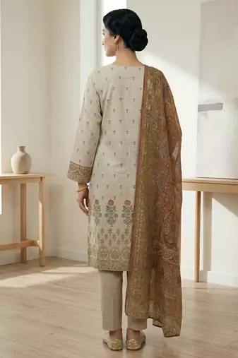beige digital print linen shimmer suit material for women