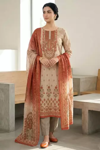 peach digital print linen shimmer suit material for women	