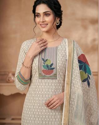 women beige linen shimmer printed dress material 2