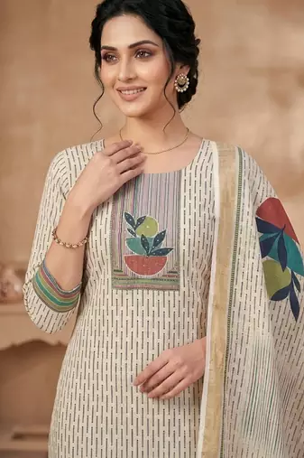 women beige linen shimmer printed dress material