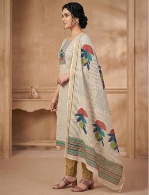 women beige linen shimmer printed dress material 3
