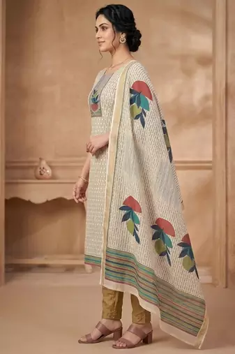 women beige linen shimmer printed dress material