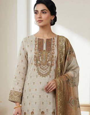 beige digital print linen shimmer suit material for women 4