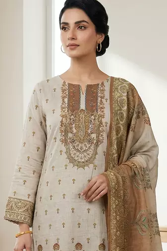 beige digital print linen shimmer suit material for women