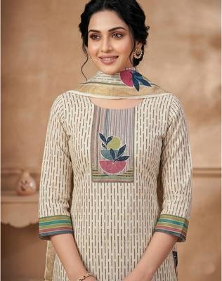 linen shimmer beige digital printed dress material 4