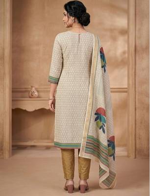 women beige linen shimmer printed dress material 4