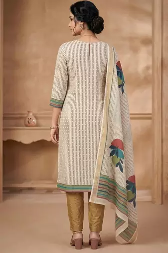 women beige linen shimmer printed dress material