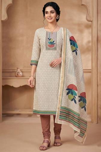 beige digital printed linen shimmer dress material