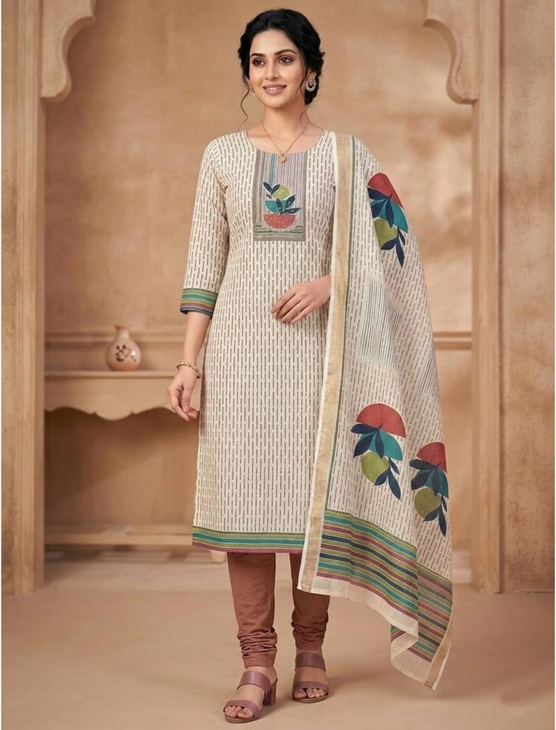 Stylee lifestyle beige linen shimmer digital printed dress material