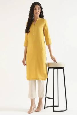 yellow cotton linen straight long kurti with mandarin collar design
 1