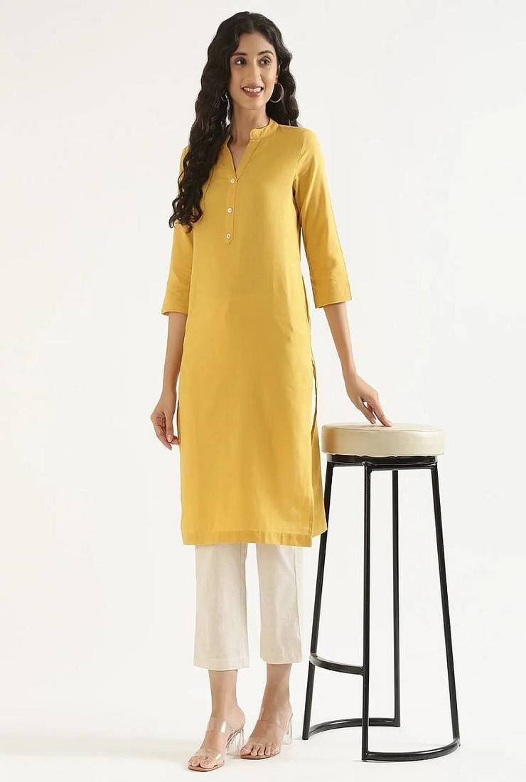 Mandarin collar cotton linen straight kurta