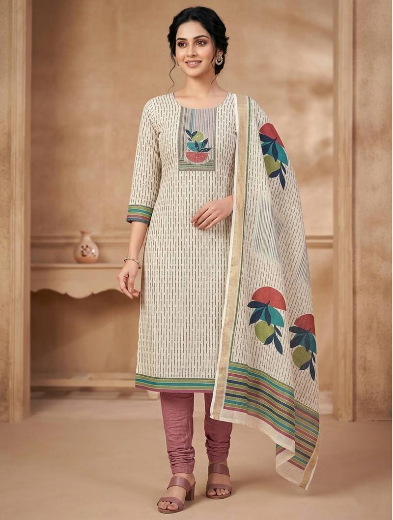 beige linen shimmer digital printed dress material