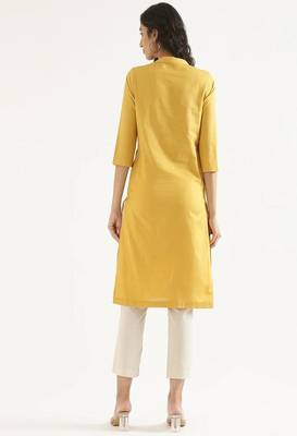 yellow cotton linen straight long kurti with mandarin collar design
 2