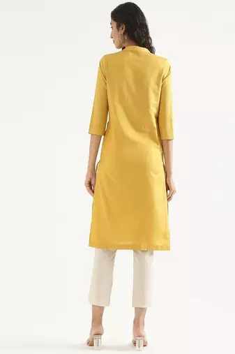 yellow cotton linen straight long kurti with mandarin collar design