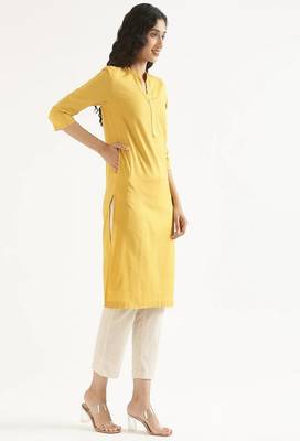 yellow cotton linen straight long kurti with mandarin collar design
 3
