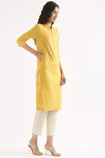 yellow cotton linen straight long kurti with mandarin collar design