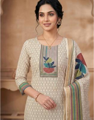 beige digital printed linen shimmer dress material 2