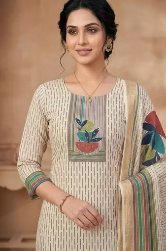 beige digital printed linen shimmer dress material