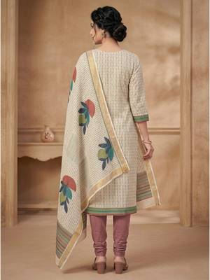 beige linen shimmer digital printed dress material 2