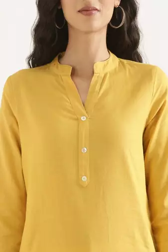 yellow cotton linen straight long kurti with mandarin collar design