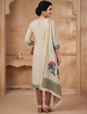 beige digital printed linen shimmer dress material 3