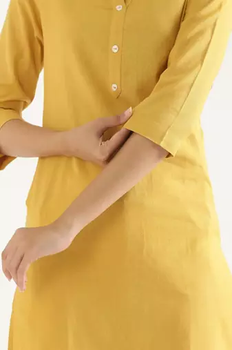yellow cotton linen straight long kurti with mandarin collar design