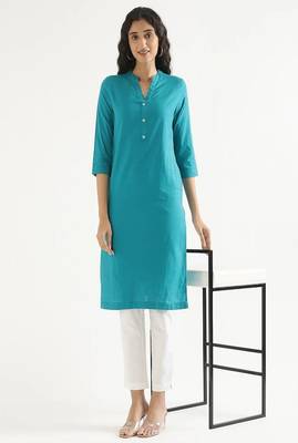 teal cotton linen straight long kurti with mandarin collar design 1