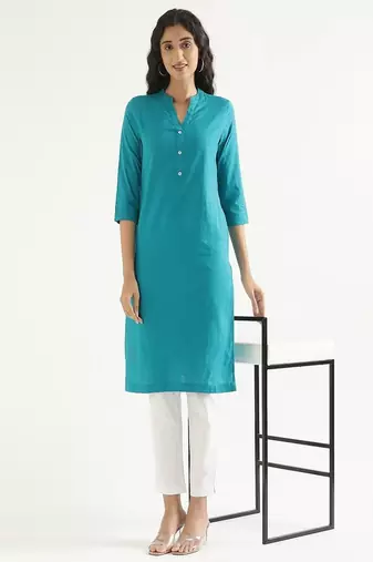 teal cotton linen straight long kurti with mandarin collar design