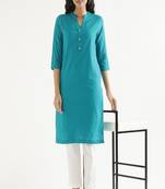 teal cotton linen straight long kurti with mandarin collar design