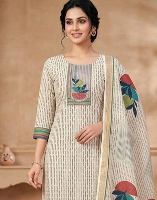 beige linen shimmer digital printed dress material 3