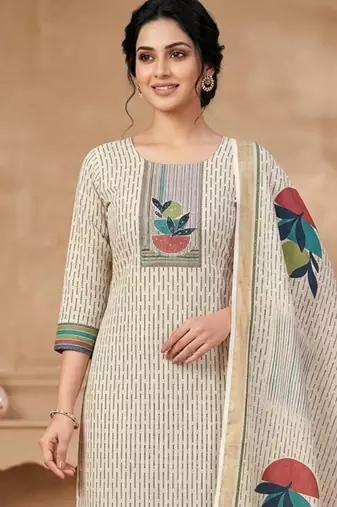 beige linen shimmer digital printed dress material