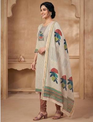 beige digital printed linen shimmer dress material 4