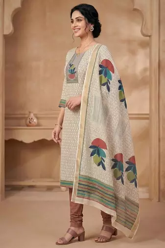 beige digital printed linen shimmer dress material