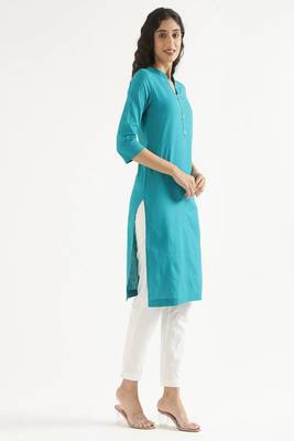 teal cotton linen straight long kurti with mandarin collar design 2