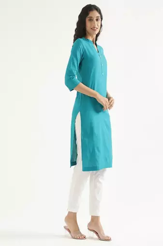 teal cotton linen straight long kurti with mandarin collar design