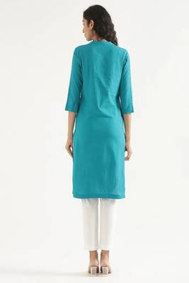 teal cotton linen straight long kurti with mandarin collar design 3
