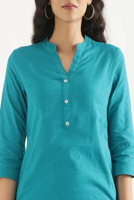 teal cotton linen straight long kurti with mandarin collar design 4