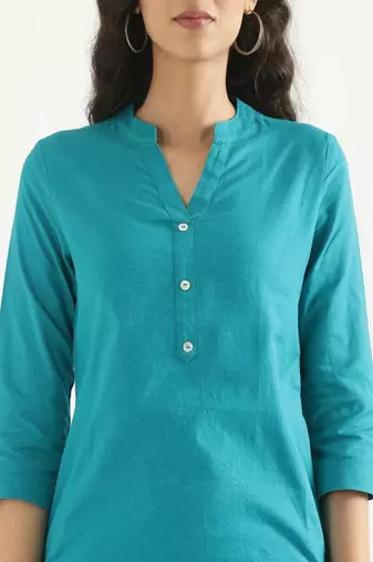 teal cotton linen straight long kurti with mandarin collar design