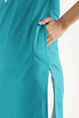 teal cotton linen straight long kurti with mandarin collar design 5