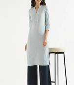 sky blue cotton linen straight long kurti with mandarin collar design