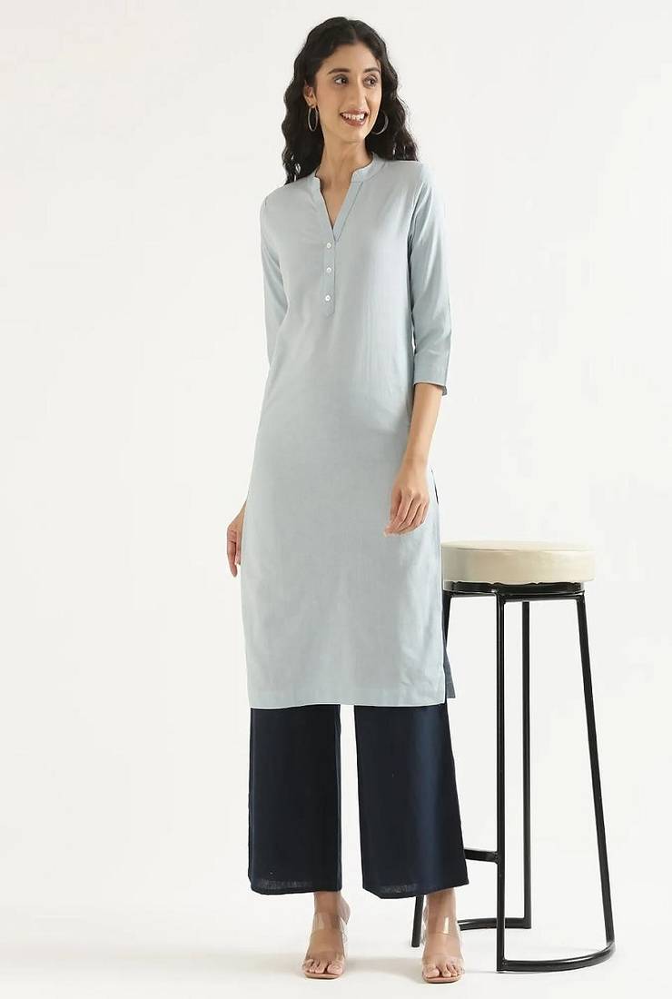 Mandarin collar cotton linen straight kurta