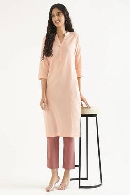 salmon cotton linen straight long kurti with mandarin collar design 1