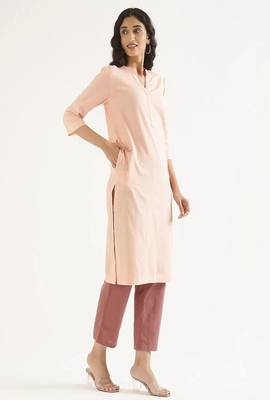 salmon cotton linen straight long kurti with mandarin collar design 2
