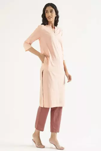 salmon cotton linen straight long kurti with mandarin collar design