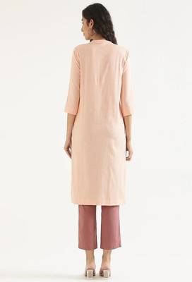 salmon cotton linen straight long kurti with mandarin collar design 3