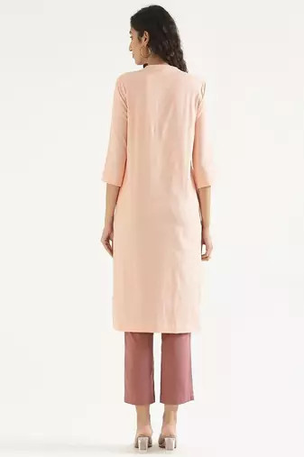 salmon cotton linen straight long kurti with mandarin collar design